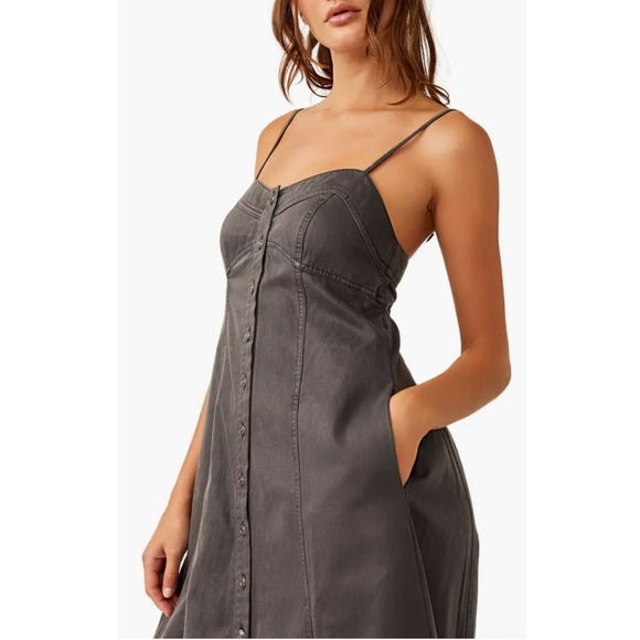 Free People Denim Button Front Maxi Dress Size XL Gray Sleeveless Casual - Picture 3 of 14
